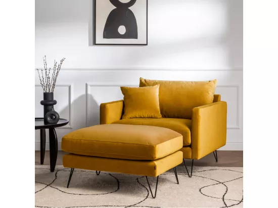 Villabon - Fauteuil XL en velours pieds épingles noirs : Couleur - Jaune moutarde