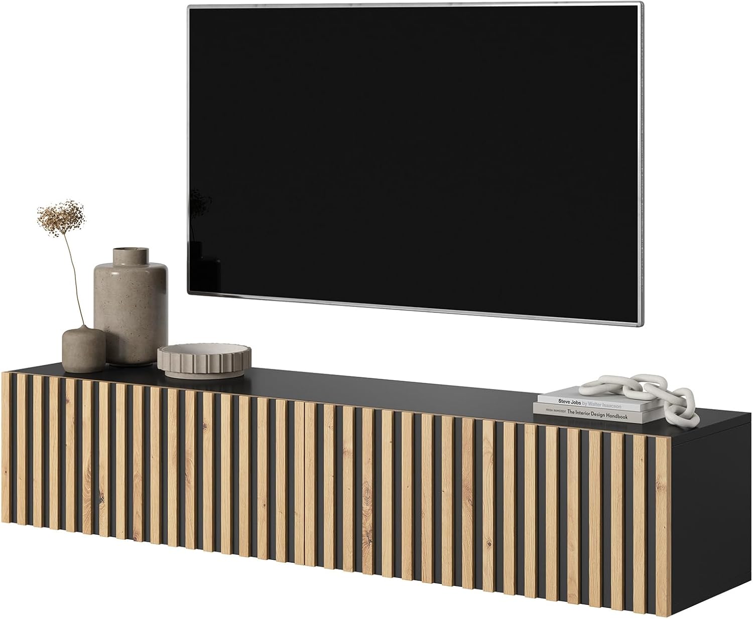 Selsey TV Schrank Board Sideboard Fernsehtisch Fernsehschrank 138,6 cm Hängend Schwarz Mit Lamellierter Front Telire