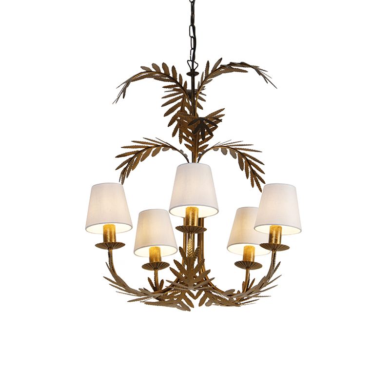 Kroonluchter goud met met linen klemkappen wit 5-lichts - Botanica