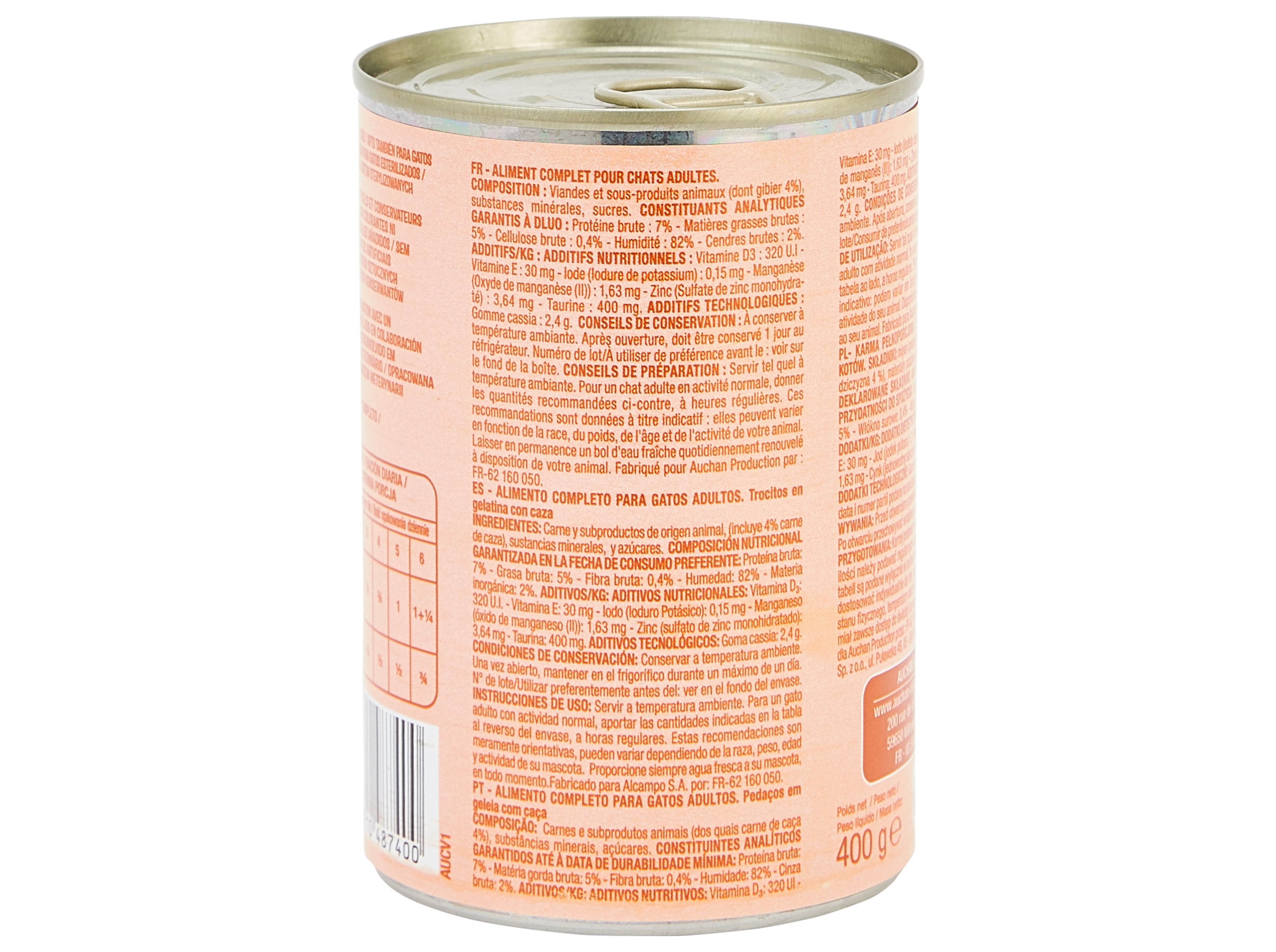 COMIDA HÚMIDA PARA GATO AUCHAN PEDAÇOS EM GELEIA COM CARNE DE CAÇA 400G