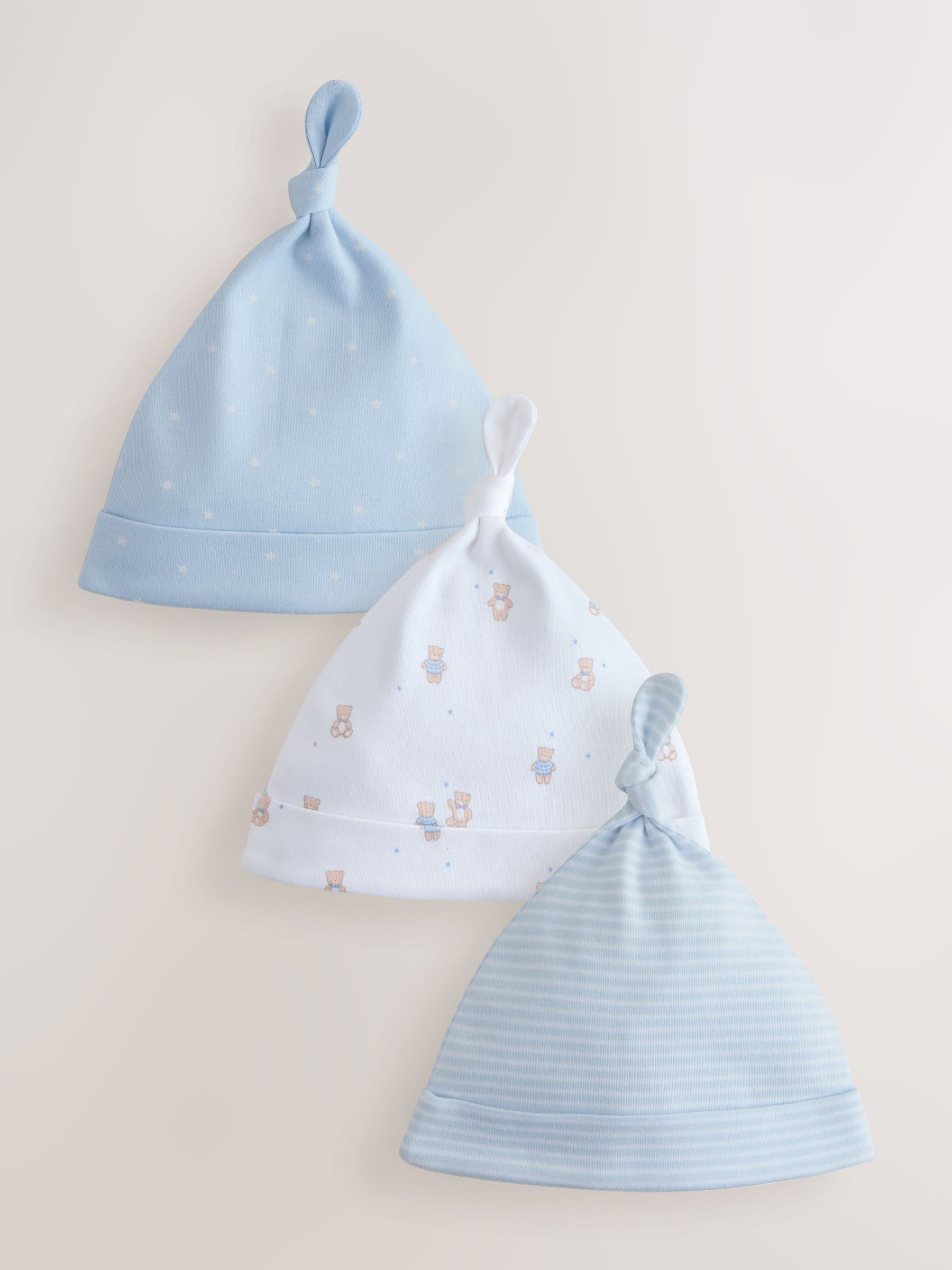 Blauw - Set van 3 babymutsen met gestrikte bovenkant (0-12mnd)