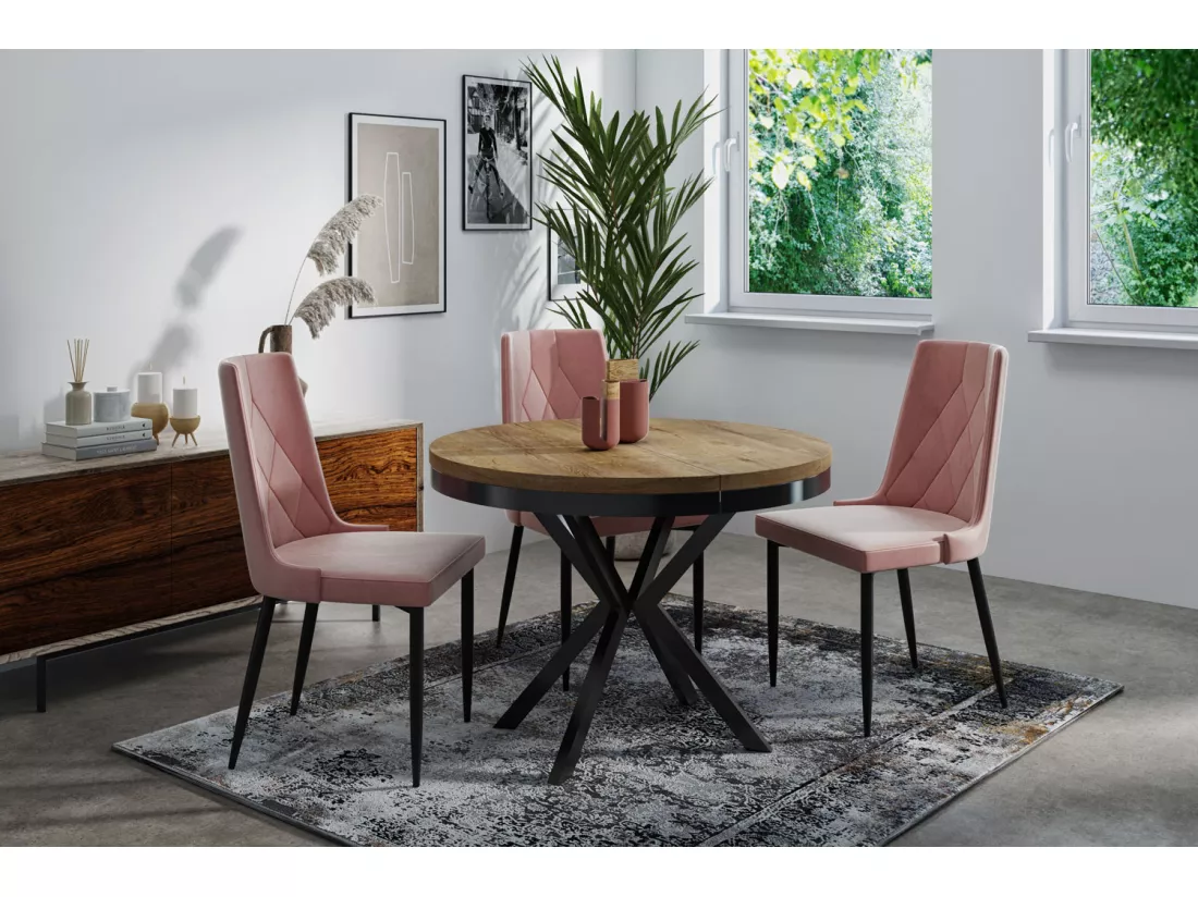 Table à Manger Extensible Ronde - Table Style Loft Avec Pieds En Métal - 100 à 180 Cm - Table Ronde Style Industriel Pour Le Salon - Compacte - Chêne Lefkas/noir -