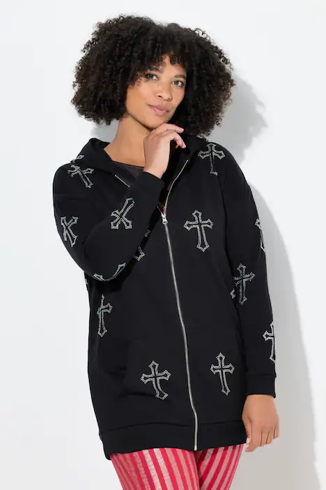 Sweatjacke, Oversize Fit, Glitzer-Kreuze, Kapuze, schwarz