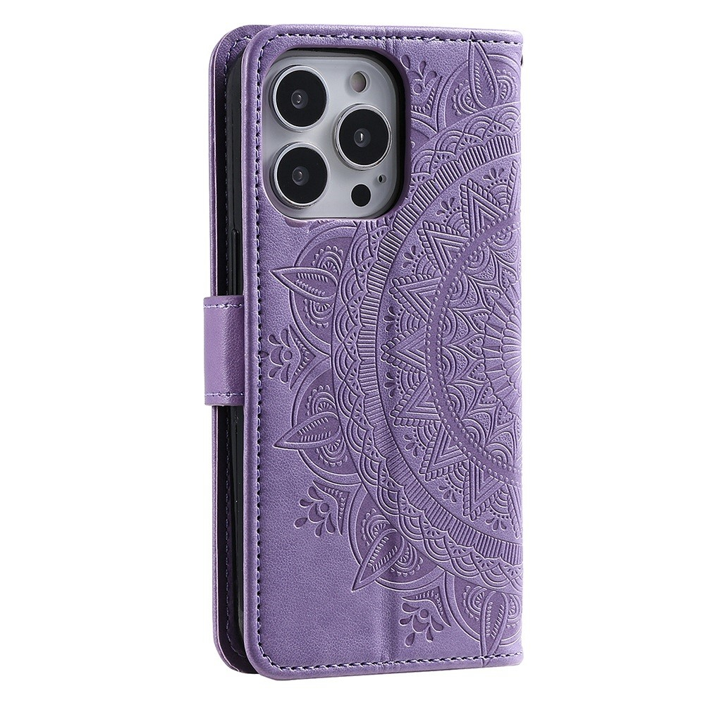 iPhone 14 Pro Max Leder Tasche Wallet - Mandala Flowers Imprint - Lila