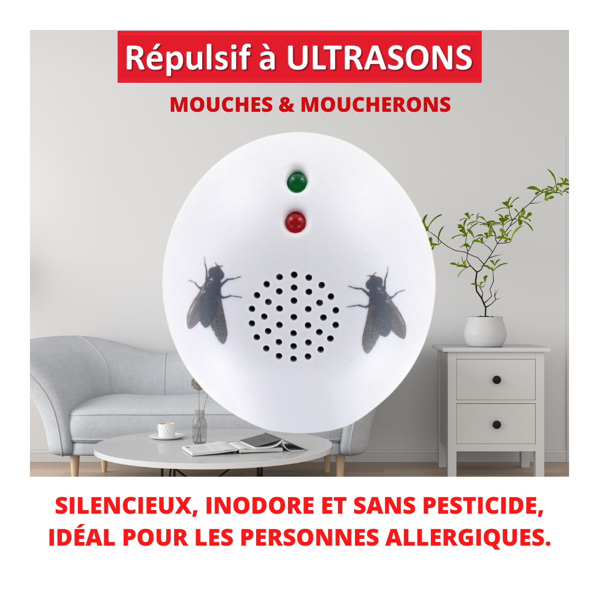 Répulsif ultrasons mouches - moucherons - fixe 40m²