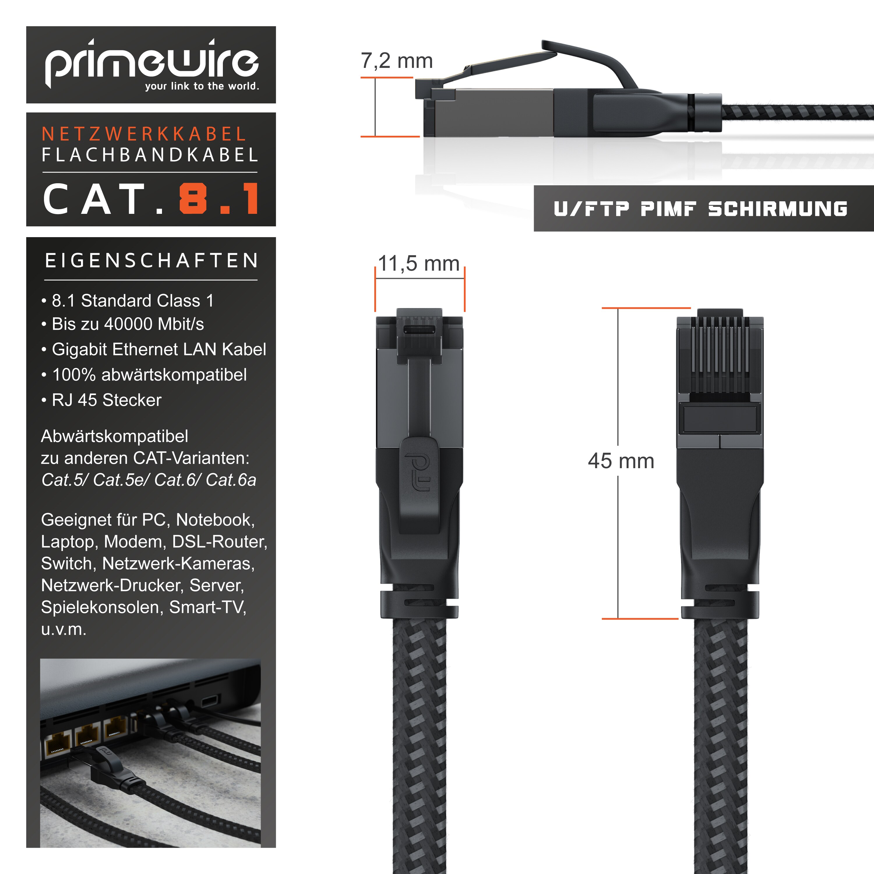 Primewire CAT 8.1 Netzwerkkabel Flach 40 Gbits, Baumwollmantel, LAN Kabel Patchkabel, Gigabit RJ45 Ethernet Cable, Flachbandkabel, Verlegekabel - 5m