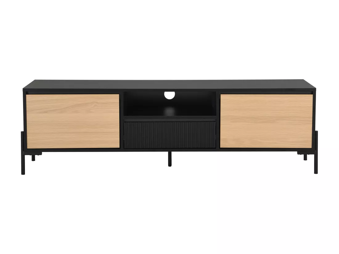 Meuble TV avec 2 portes, 1 tiroir et 1 niche - Noir et naturel clair - GLARODI