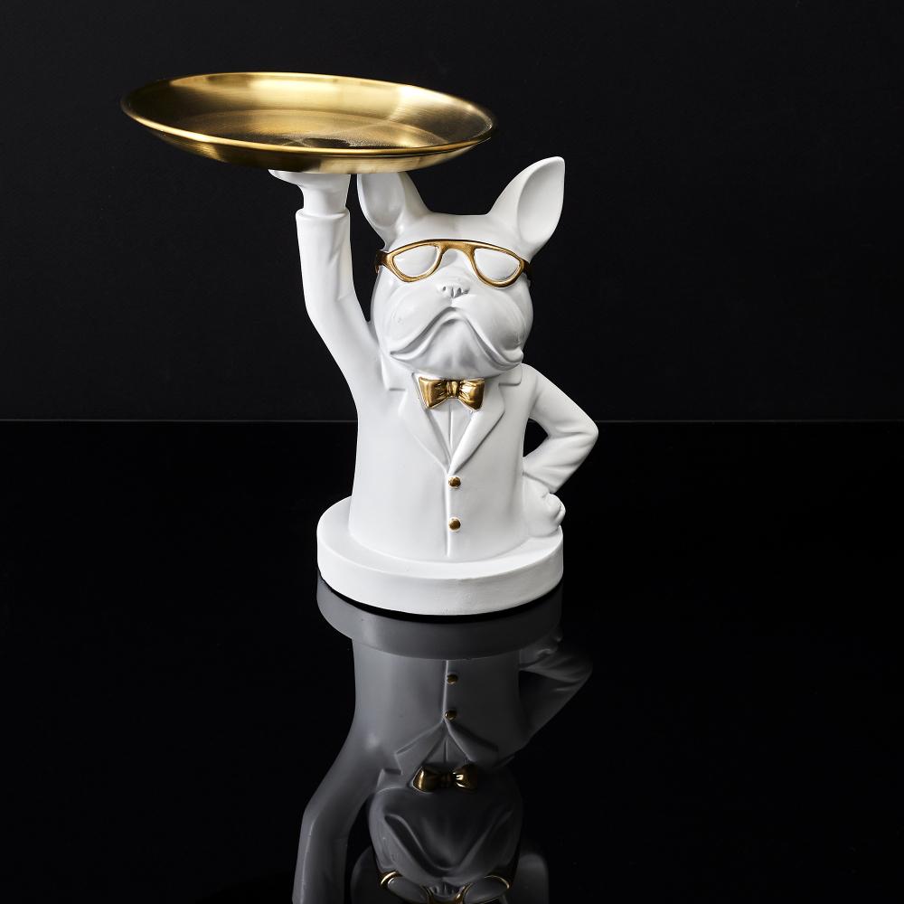 SCULPTURE DECO BULLDOG BLANC VIDE POCHE 23CM