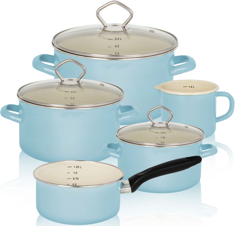 Sylt - 5-delige Emaille Set - Pastelblauw - Crème