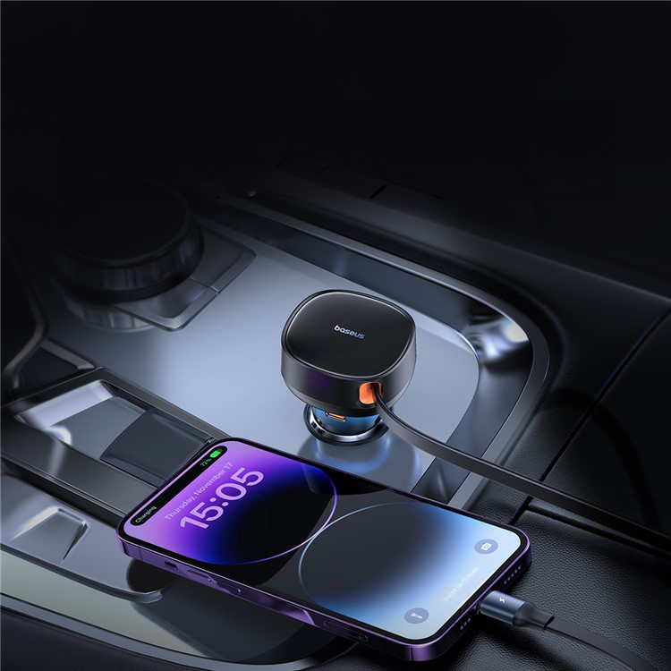 (60W) USB A Auto KFZ Ladegerät mit einziehbarem USB C / Lightning Kabel - Schwarz