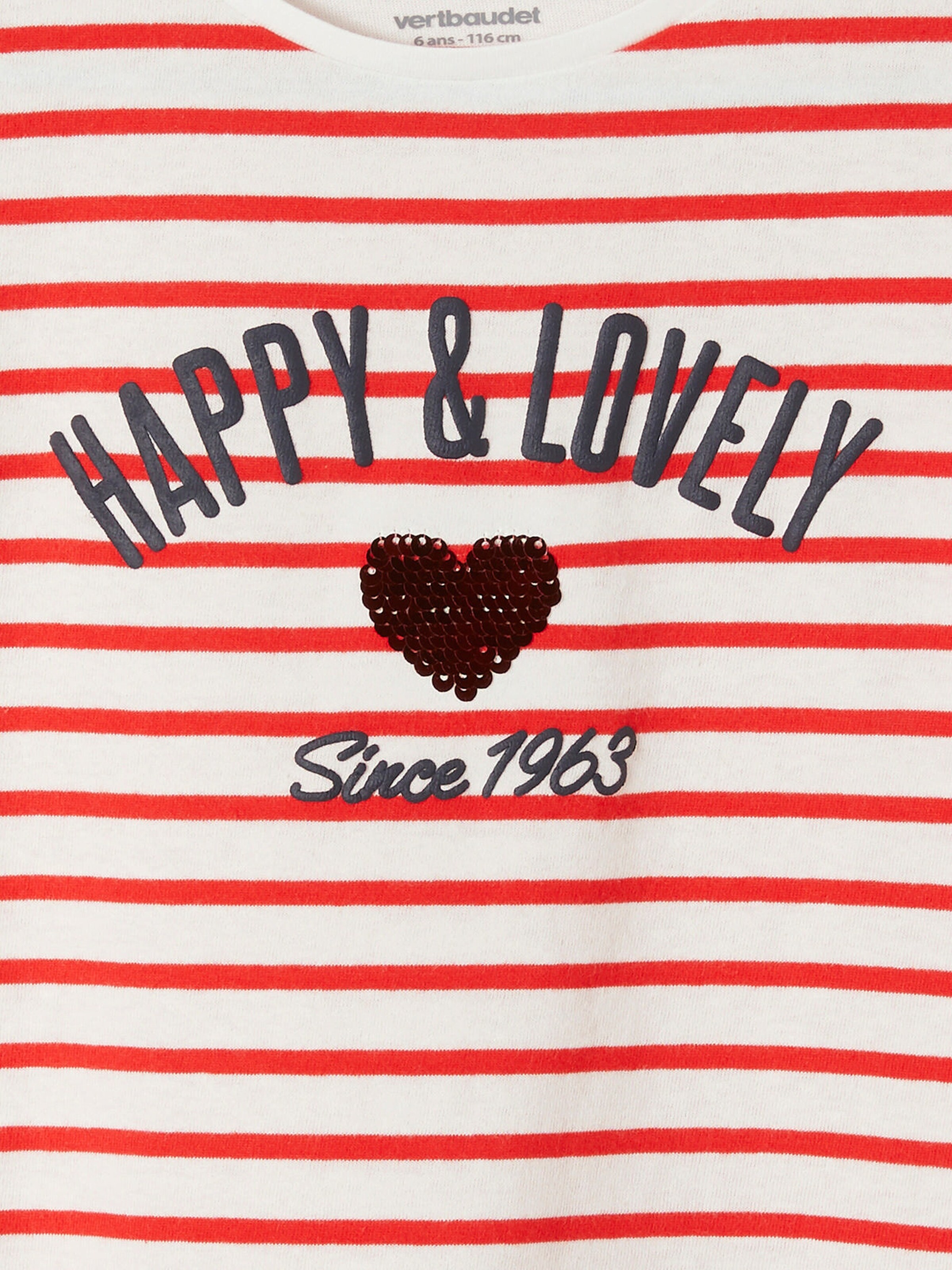 Vertbaudet Mädchen T-Shirt mit Pailletten-Applikation rot gestreift/happy&lovely herz