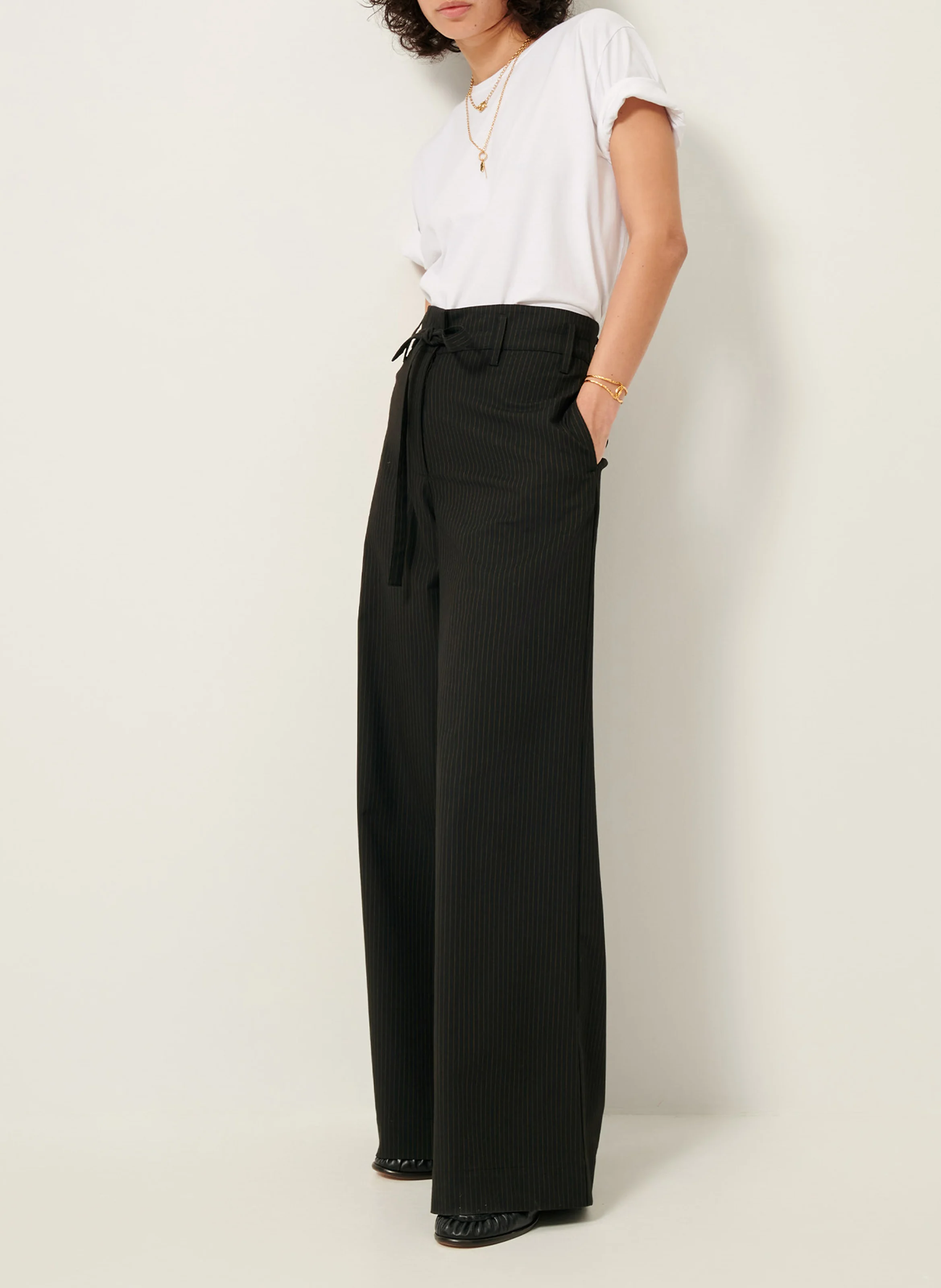 GARAVI - Pantalon large taille haute rayé | Noir