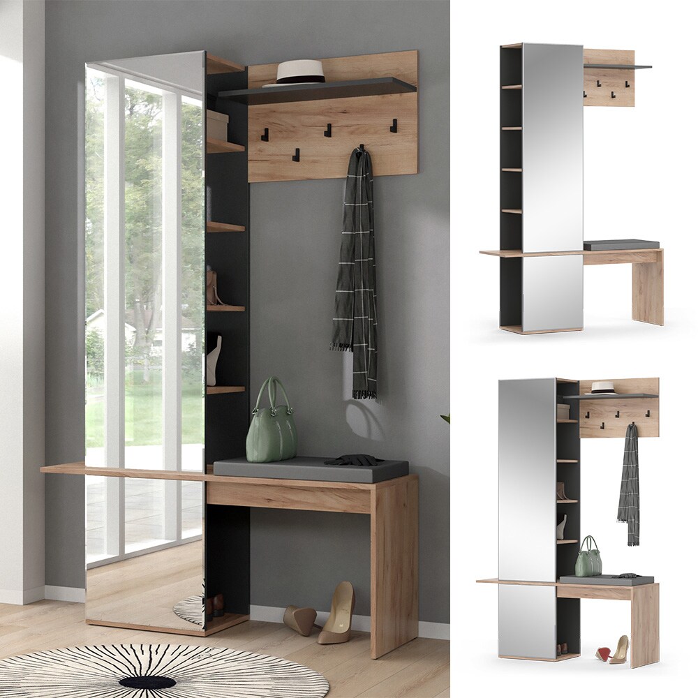 Vicco Flurgarderobe Dielengarderobe Garderobe Adeline Eiche Anthrazit Modern Sitzbank 120x190 cm Schlafzimmer Garderobenspiegel Kleiderhaken Garderobenablage Fach Regal