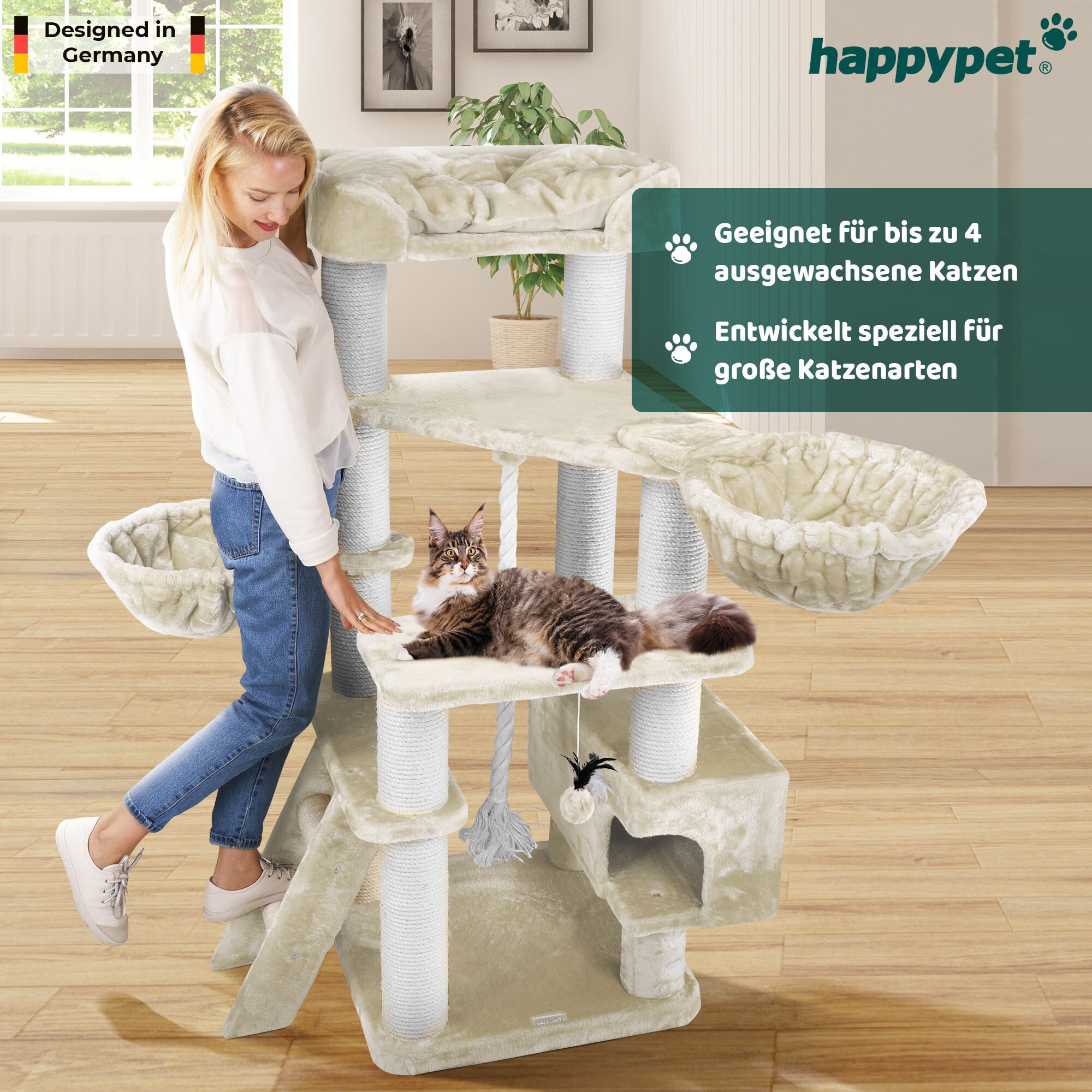 HAPPYPET Kratzbaum Stabil JACOB - 156 cm XXL, Katzenbaum für große Katzen, 48 kg Schwerlast | Creme