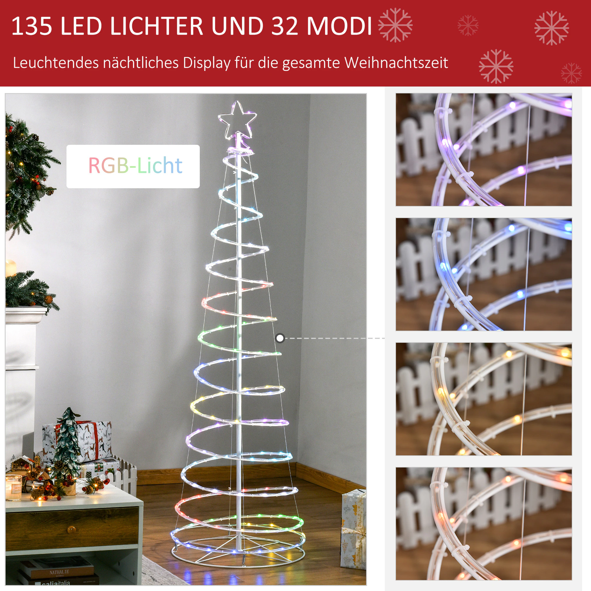 Outsunny Spiralbaum LED 135 LED-Lichter und 32 Modi RGB-Licht,ist spritzwassergeschützt. Weiß Ø55 x 183H cm (ØxH)
