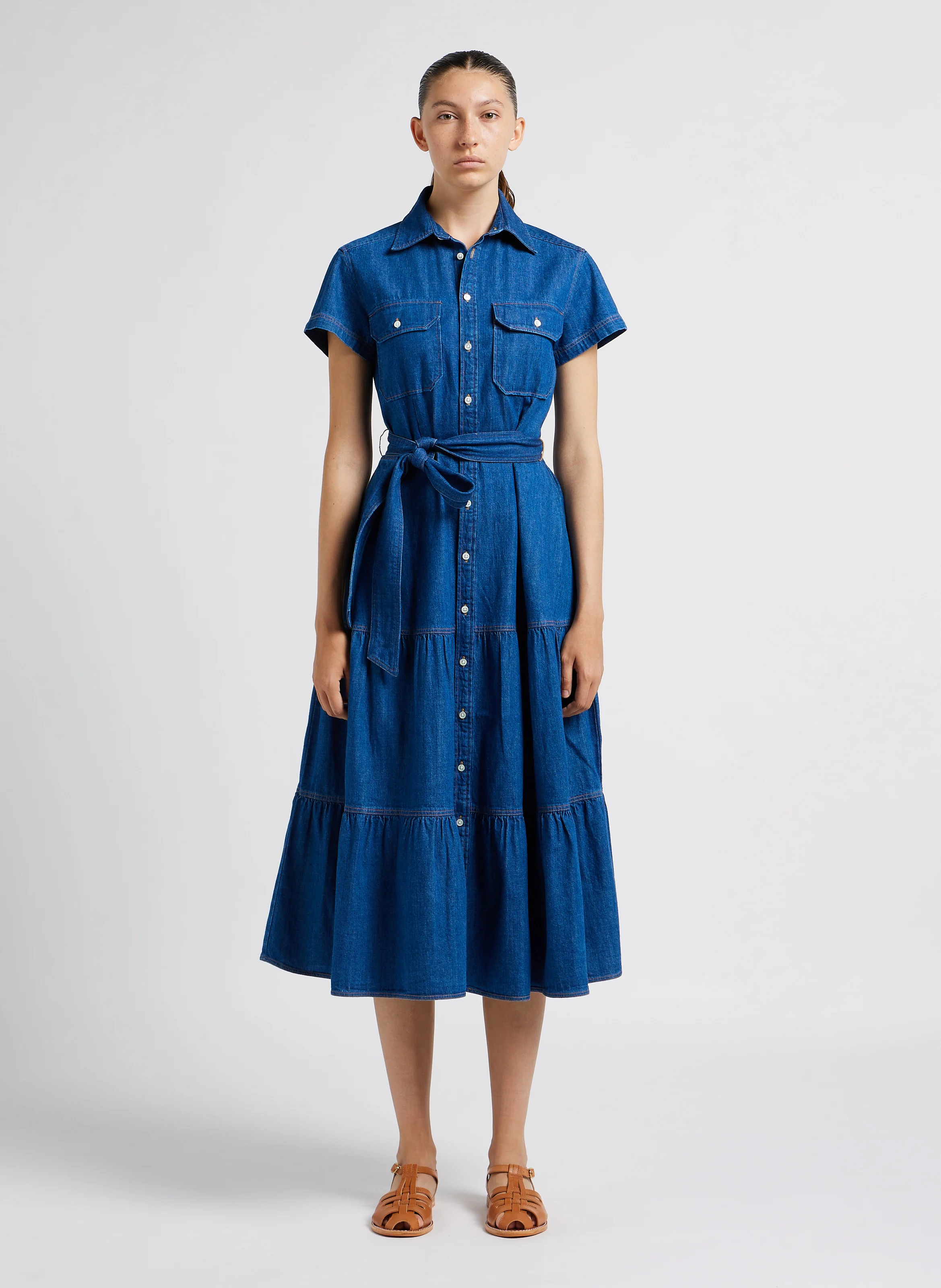 Robe longue col classique cintrée en denim | Jean brut