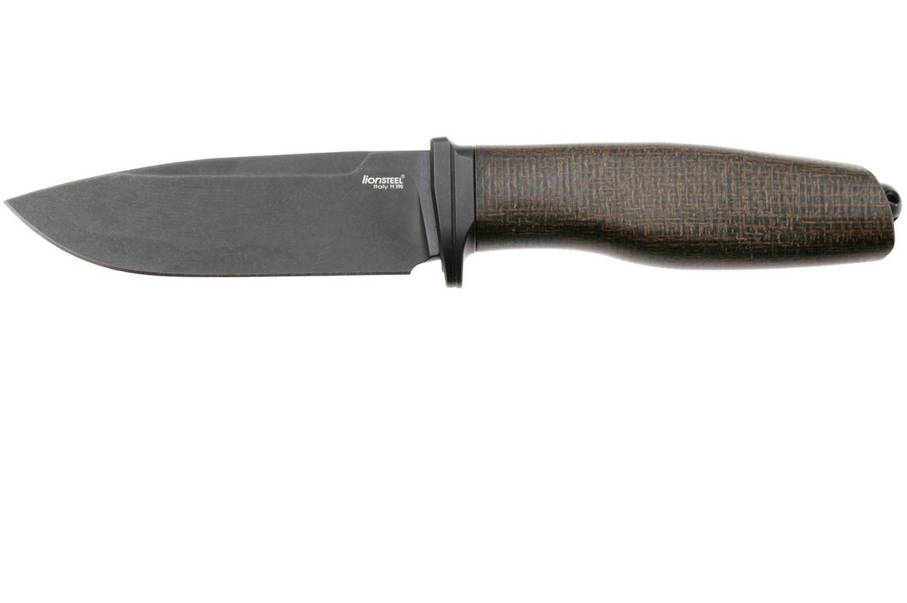 LionSteel Acha AH B BLG Blackwashed M390, Green Burlap Micarta, Black Titanium Guard, vaststaand mes