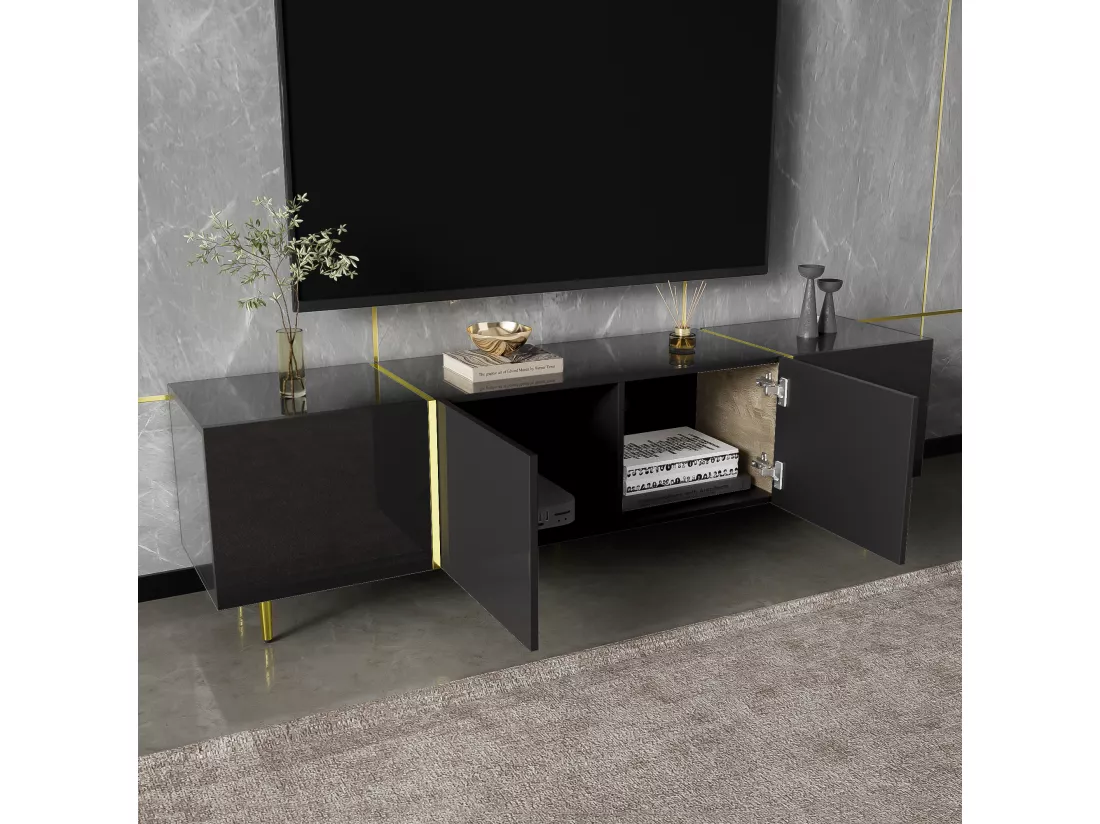 Meuble TV L 170cm - avec 4 portes - MDF - Noir