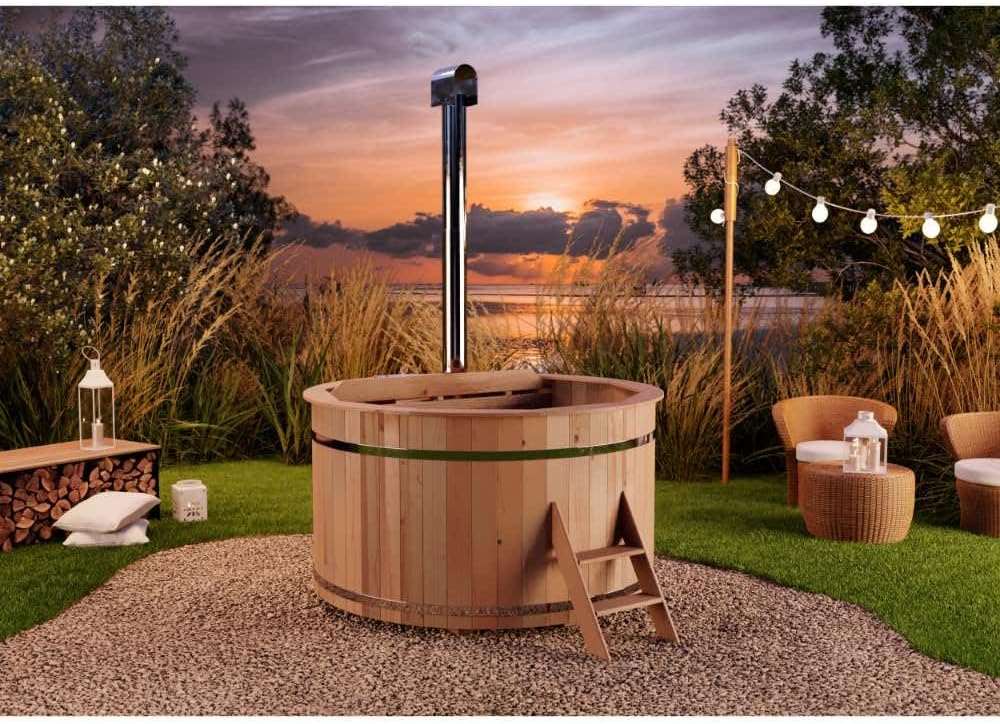 Holz Badefass Bergen, Hot Tub Ø 180 x 110 cm, inkl. Edelstahl-Ofen 22 kW und Einstiegsleiter, 5-6 Personen, Schwimmbecken, Badebottich, Sprudelbad