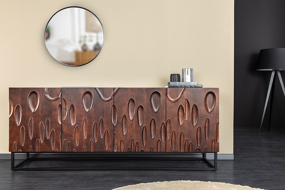 Massives Sideboard DUNE 175cm walnuss-braun Akazienholz 3D-Design schwarz Metall