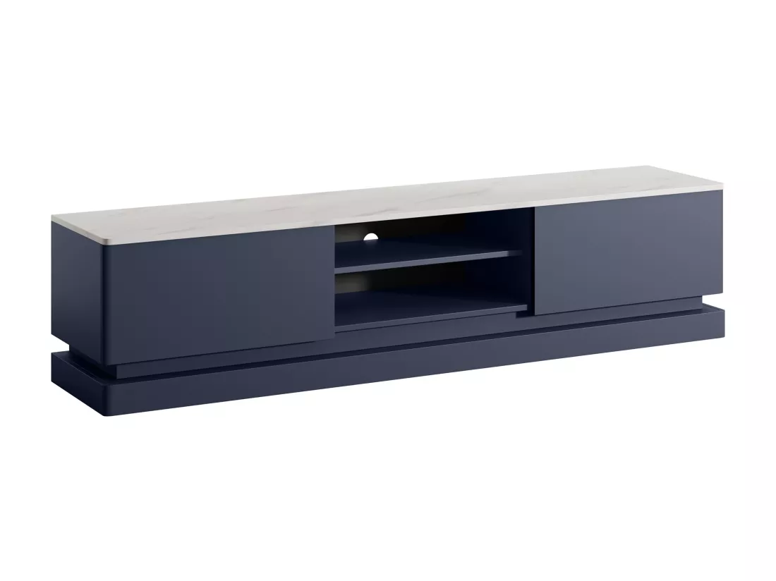 Meuble TV 2 tiroirs et 2 niches avec LEDs en MDF - Bleu et effet marbre blanc - DEVIKA de Pascal MORABITO