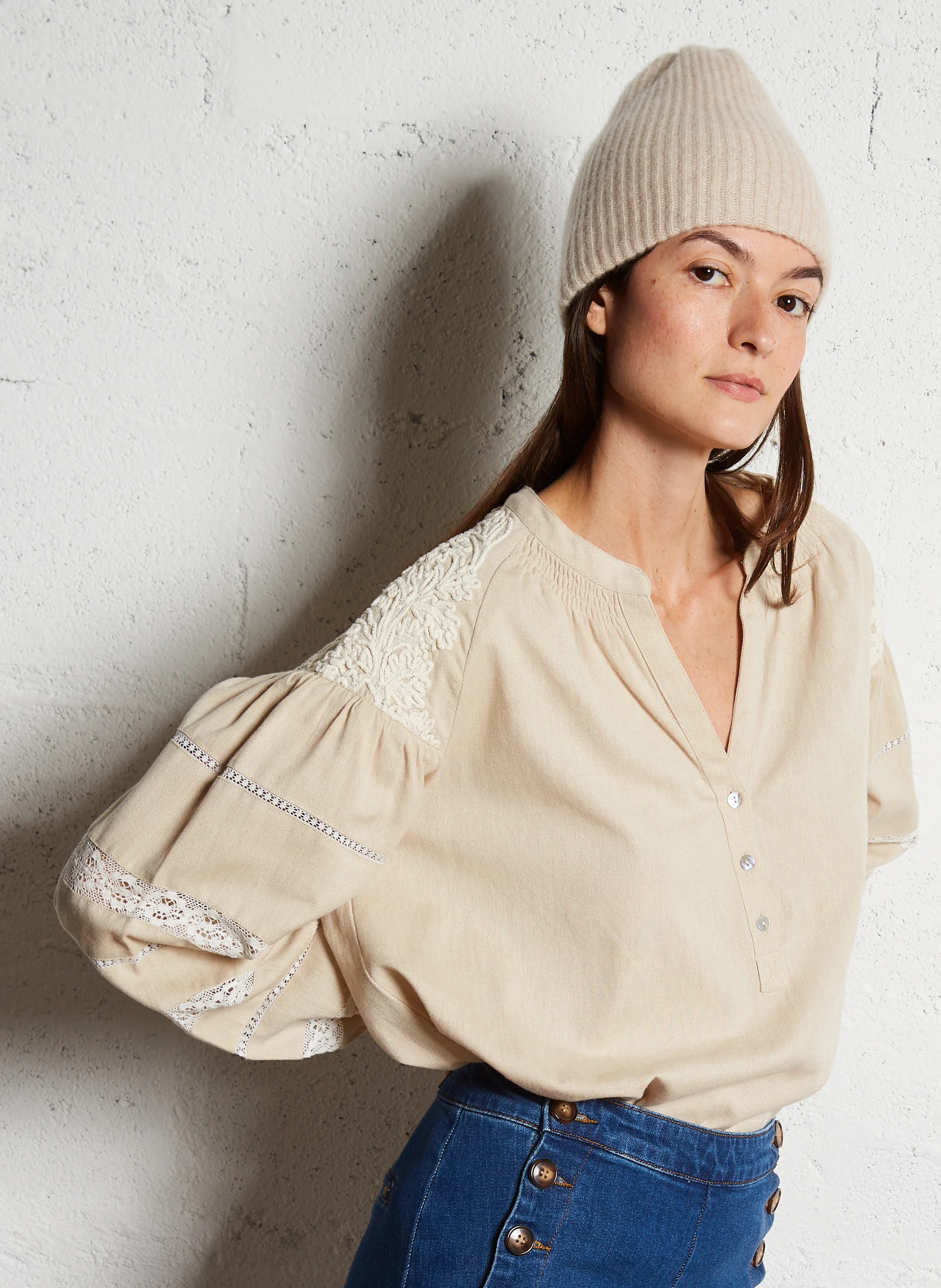 DEOTILLE - Blouse ample col tunisien en coton | Beige