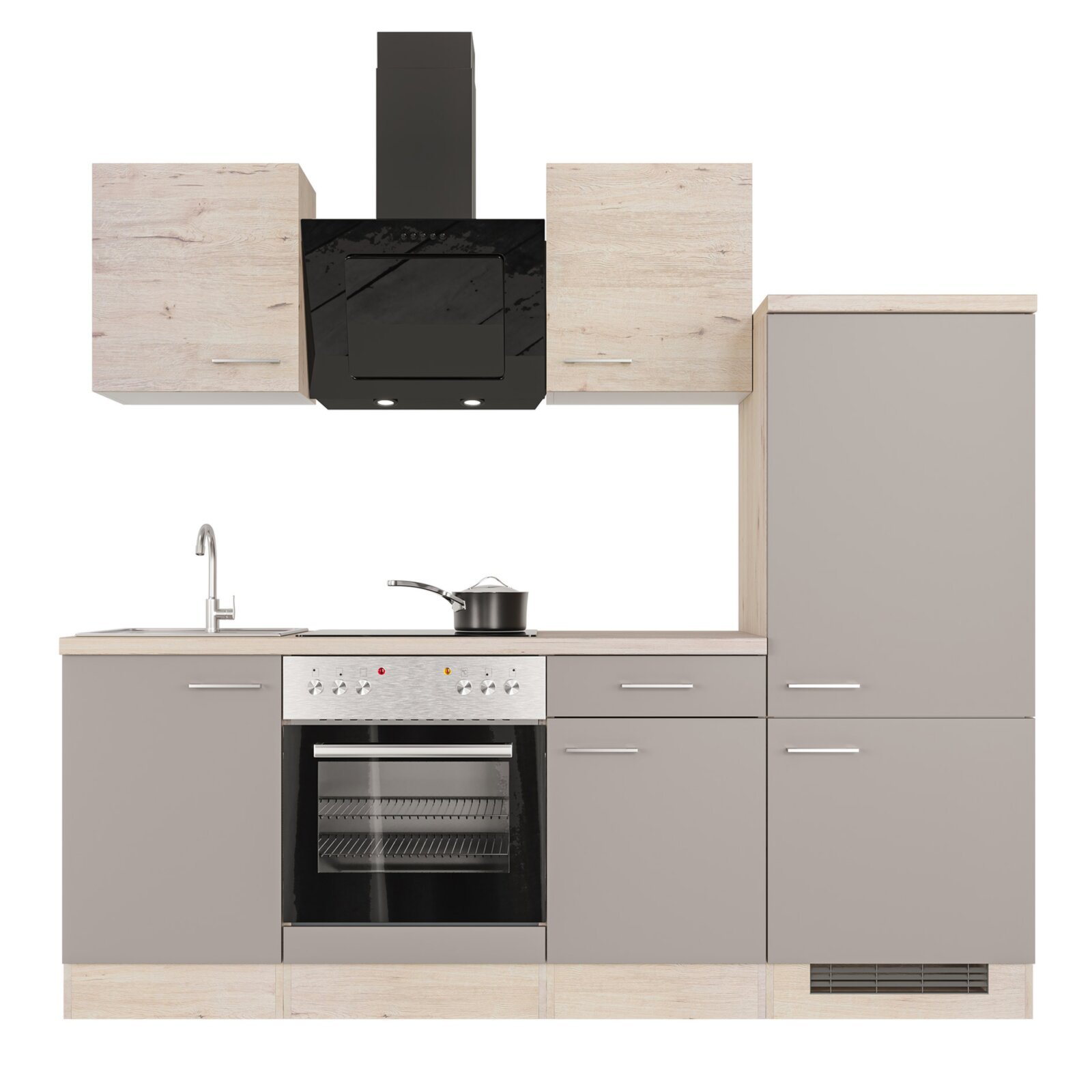 Küchenblock RIVA - Quarz Cubanit - San Remo Eiche hell - mit E-Geräten - 220 cm