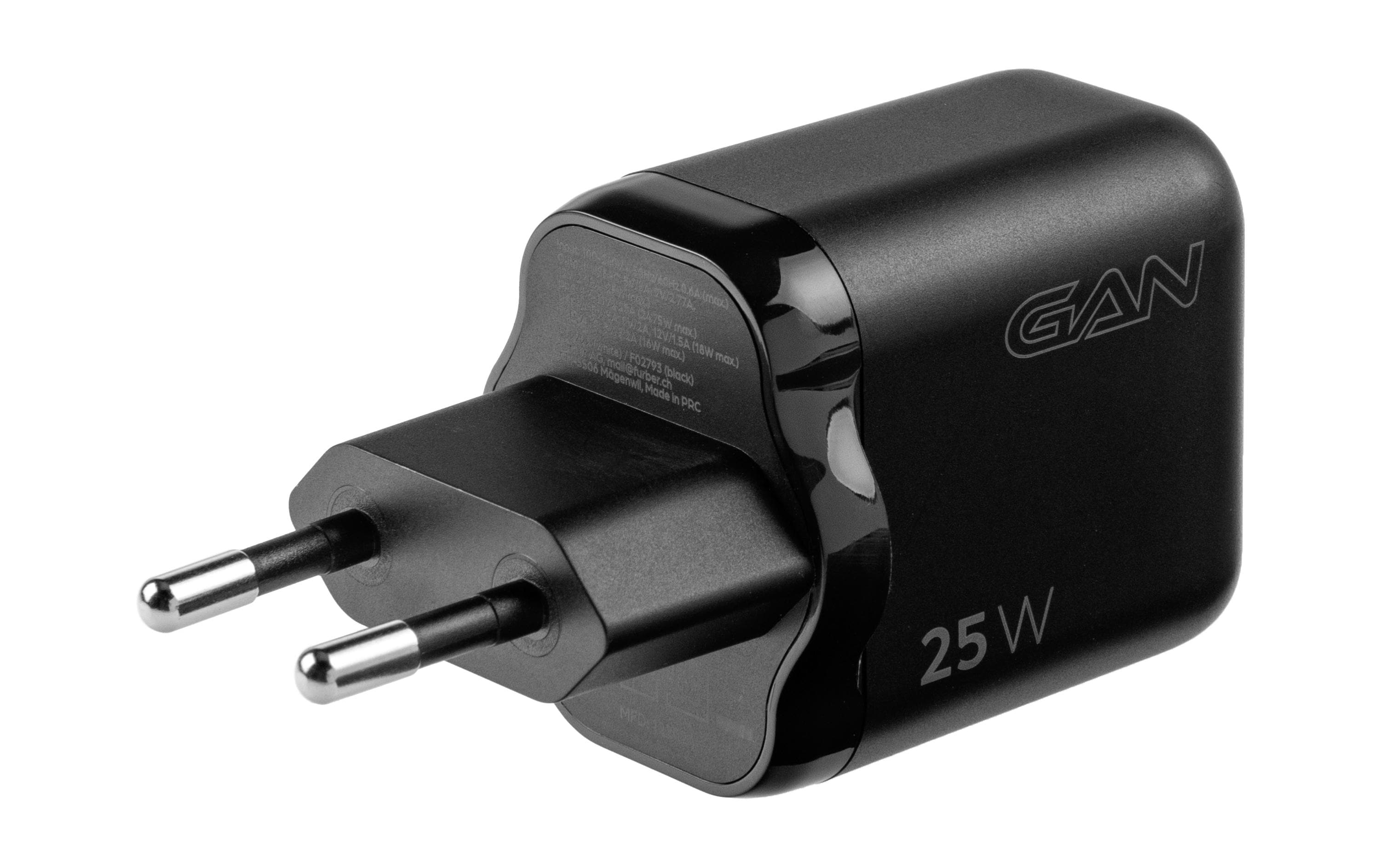USB-Wandladegerät Dual 1C1A 25 W GaN SchwarzLadeadapter mit einem USB-C- und einem USB-A-Port