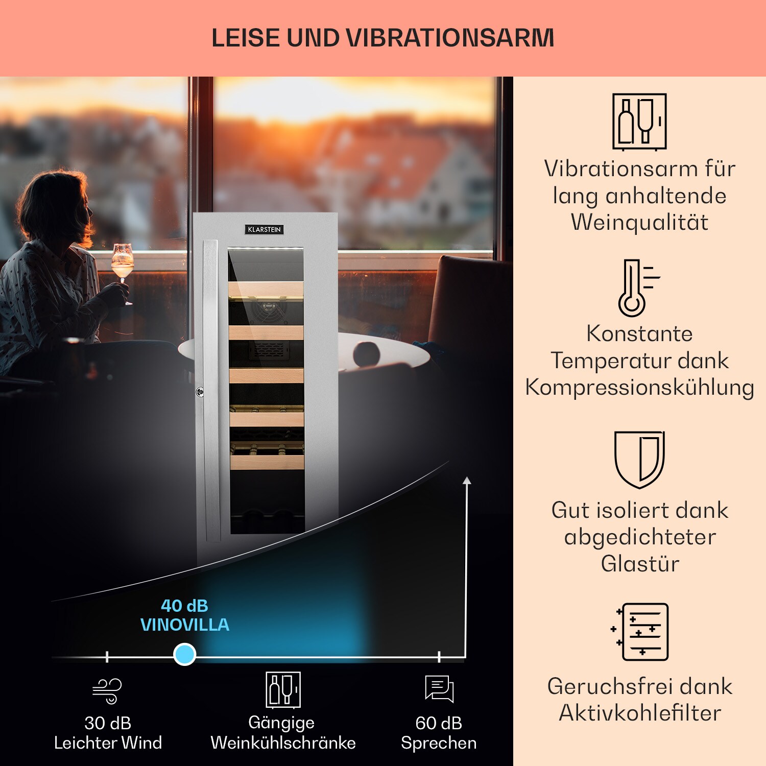 Vinovilla Smart Weinkühlschrank 50l / 20 Flaschen Glastür Edelstahl