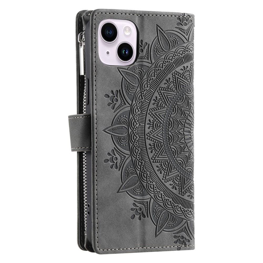 iPhone 15 Leder Tasche Flip Cover mit Reissverschluss - Mandala Flowers Imprint - Grau