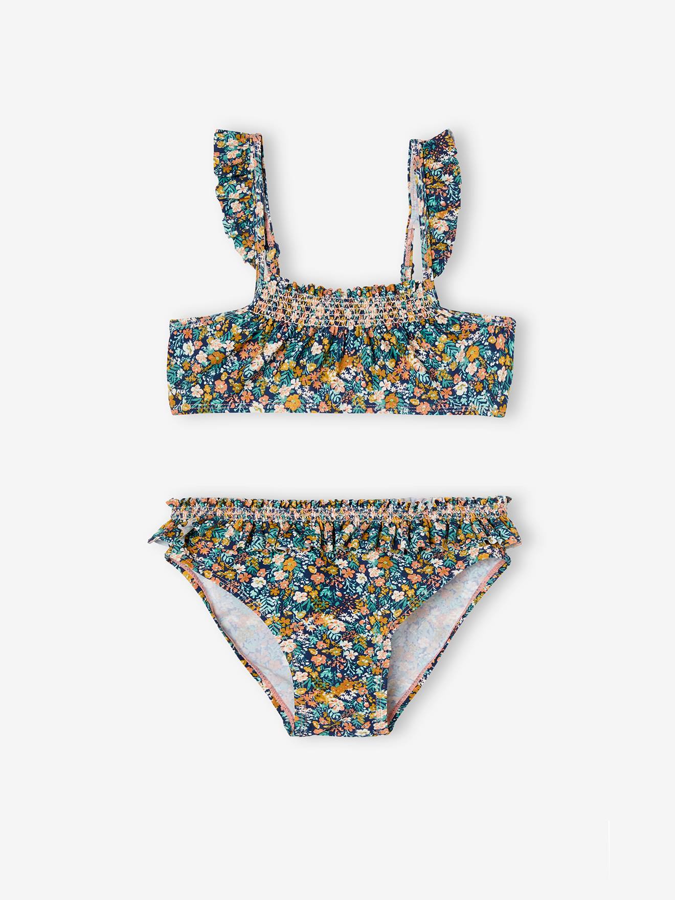 Biquíni azul com estampa floral para meninas
