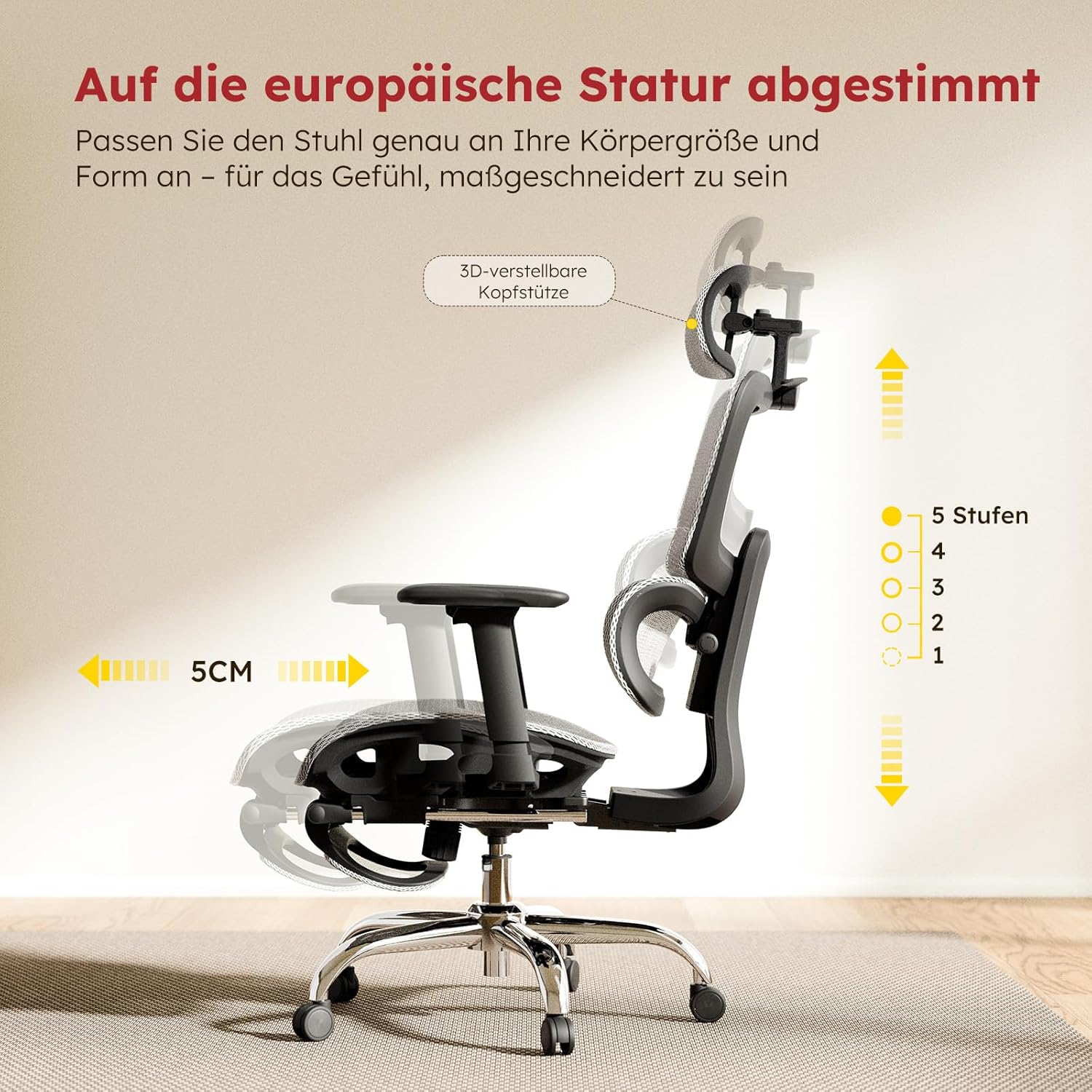 Ergonomischer Bürostuhl Voll-Mesh mit Abnehmbarem Kissen, Fußstütze, Höhenverstellbarem Rückenlehne, Kopfstütze & Armlehnen, Selbstanpassende Lendenstütze, PU-Rollen, 360° Drehbar, 150 kg , Hellgrau