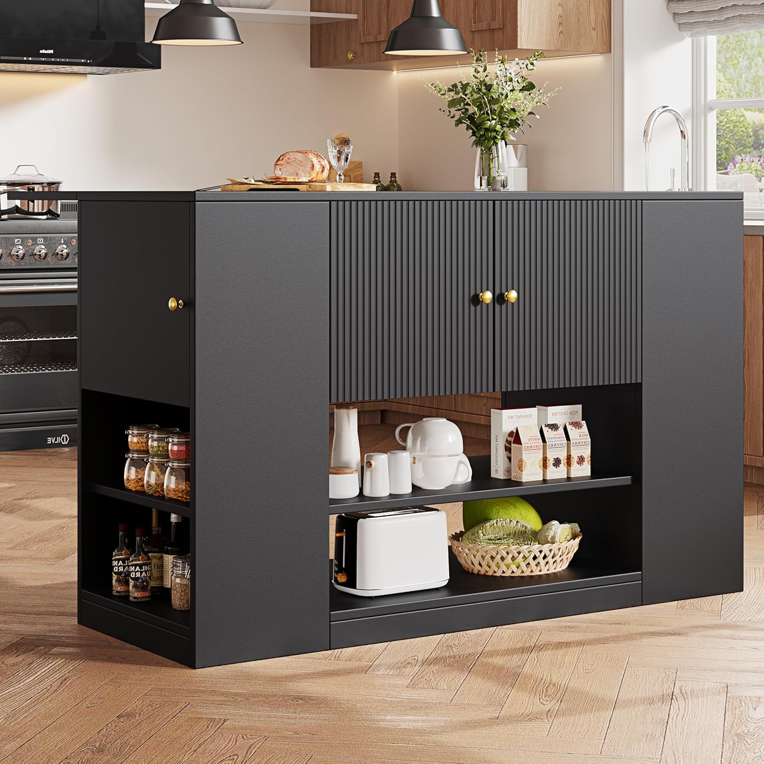 Küchenzeile mit Esstisch-Funktion, Moderne Insel mit Schubladen und Aufbewahrung, Klappbarer Küchenschrank für kleine Küchen, 140x40x90 cm,Schwarz