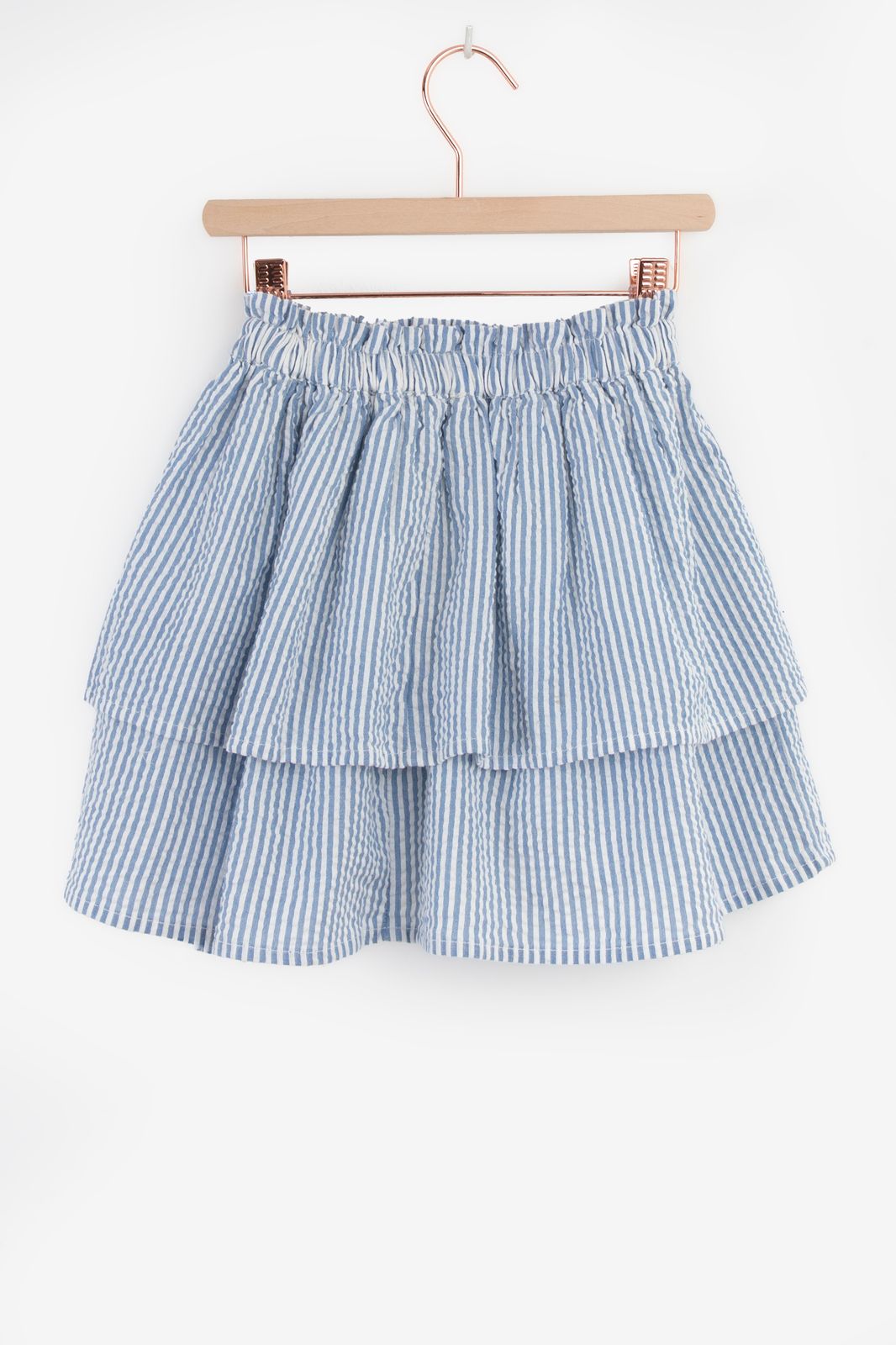 Blauwe ruffle rok met strepen