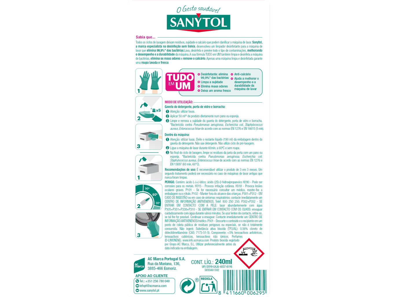 LIMPADOR DESINFETANTE SANYTOL MÁQUINA LAVAR 240 ML