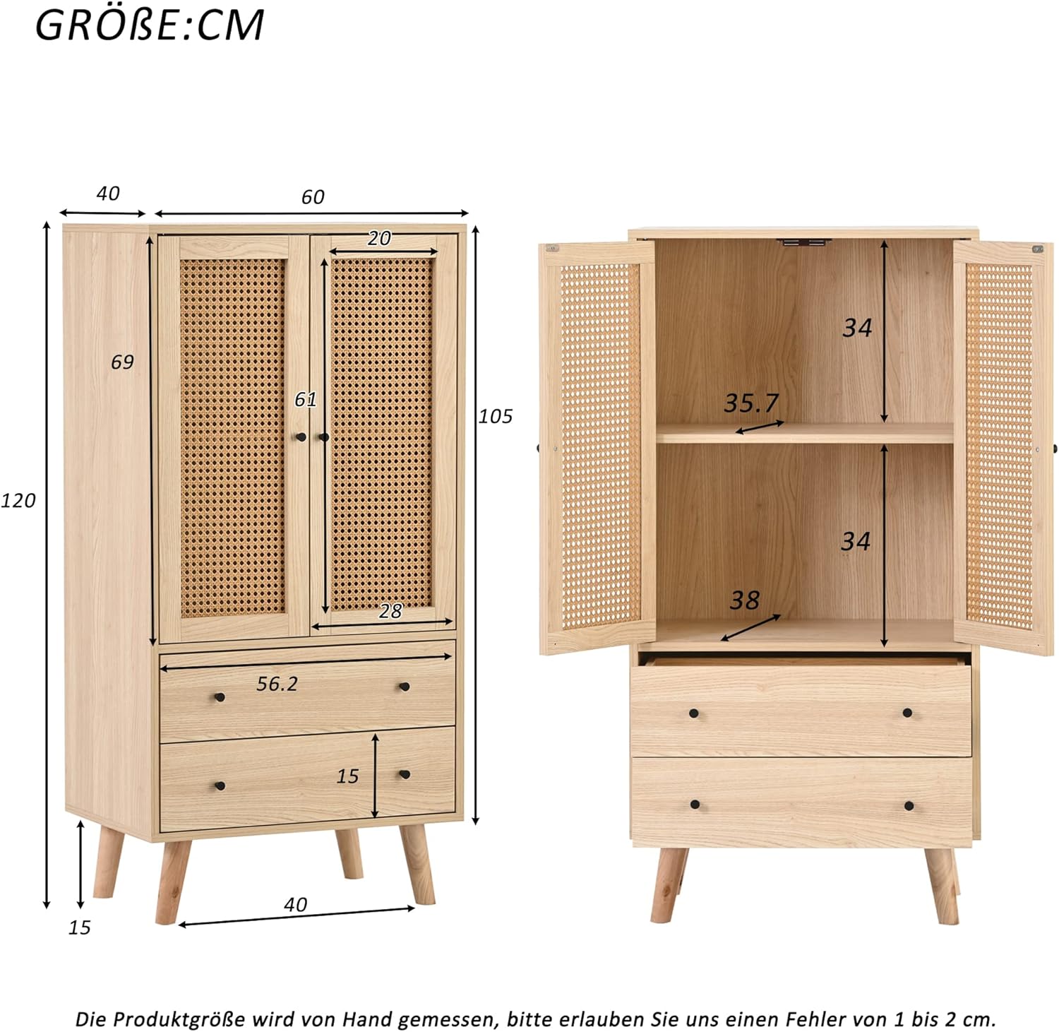 Merax Rattan Sideboard Kommode Wohnzimmer mit 2 Rattantüren und 2 Schubladen, Sideboard Holz Buffet Aufbewahrungsschrank Küchenschrank mit 4 Stauräumen, Eiche/60x40x120cm