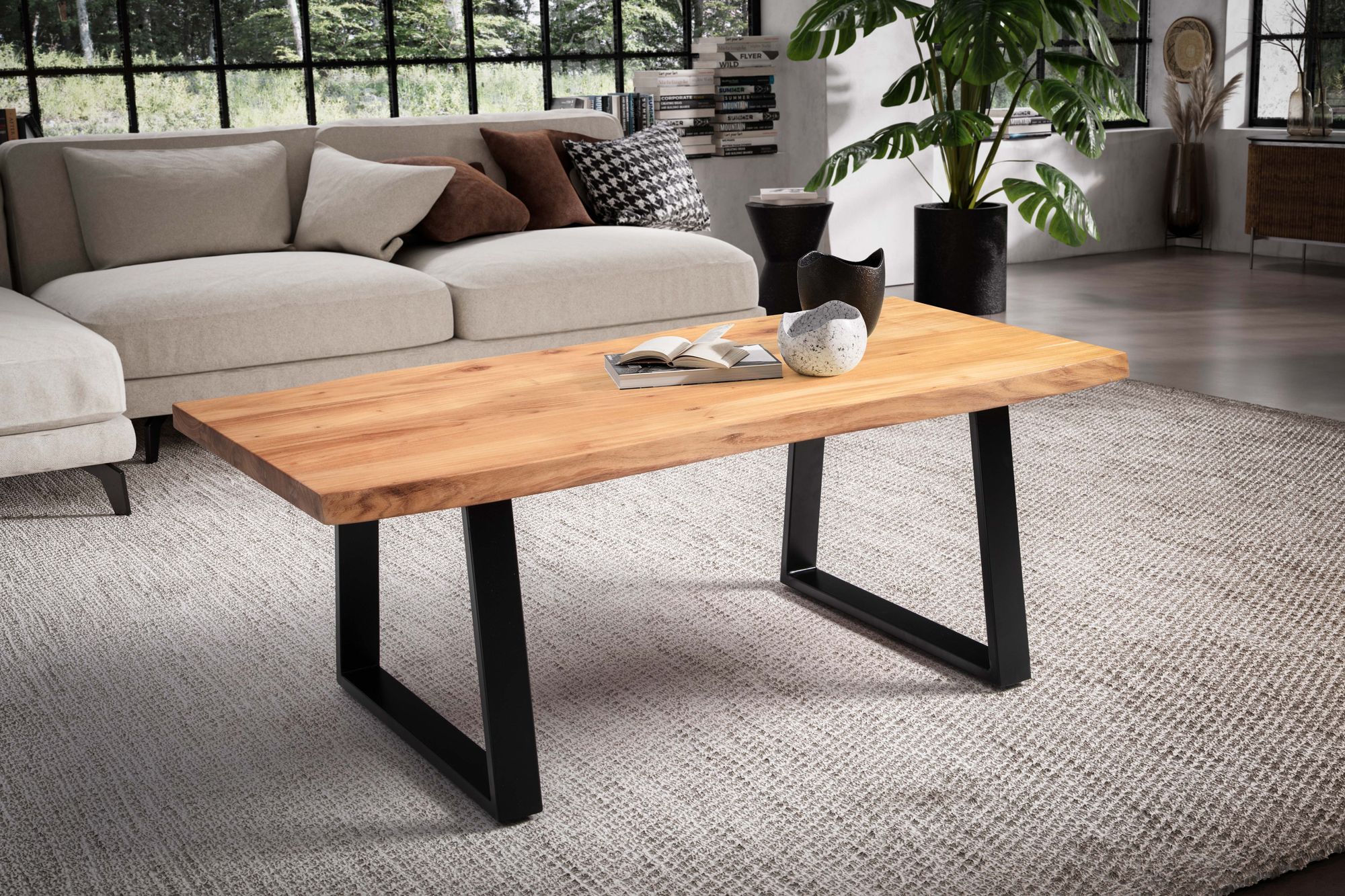 Couchtisch FineBuy Sofatisch 120 cm Akazie Massivholz Wohnzimmertisch Baumkante