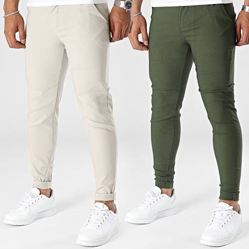 Lot De 2 Pantalons Chino Beige Vert Kaki