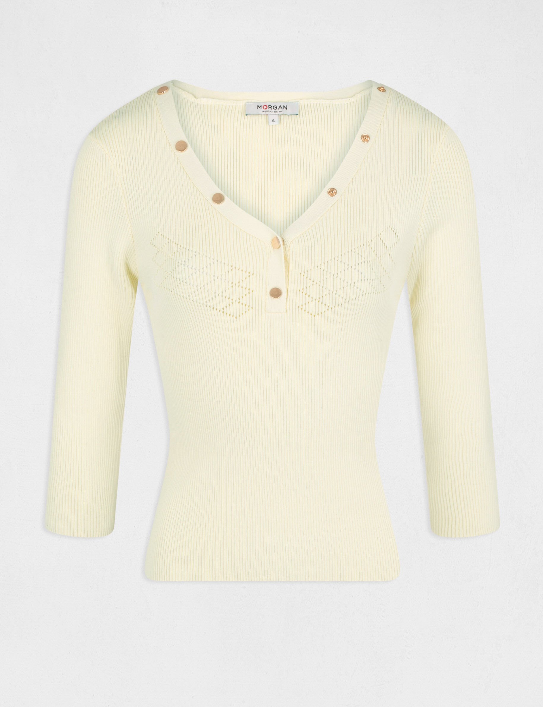 Pull manches 3/4 avec boutons jaune paille femme - jaune_paille