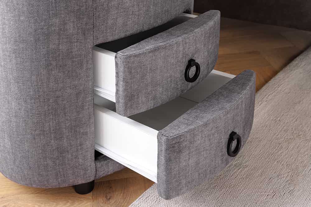 Ovaler Nachttisch SIGNUM 55cm grau Vogue Velours Samt inkl. Beleuchtung Schubladen