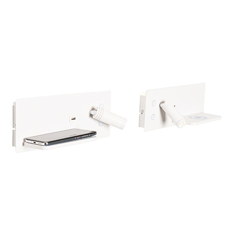Set van 2 wandlampen wit incl. LED met USB en inductielader - Riza
