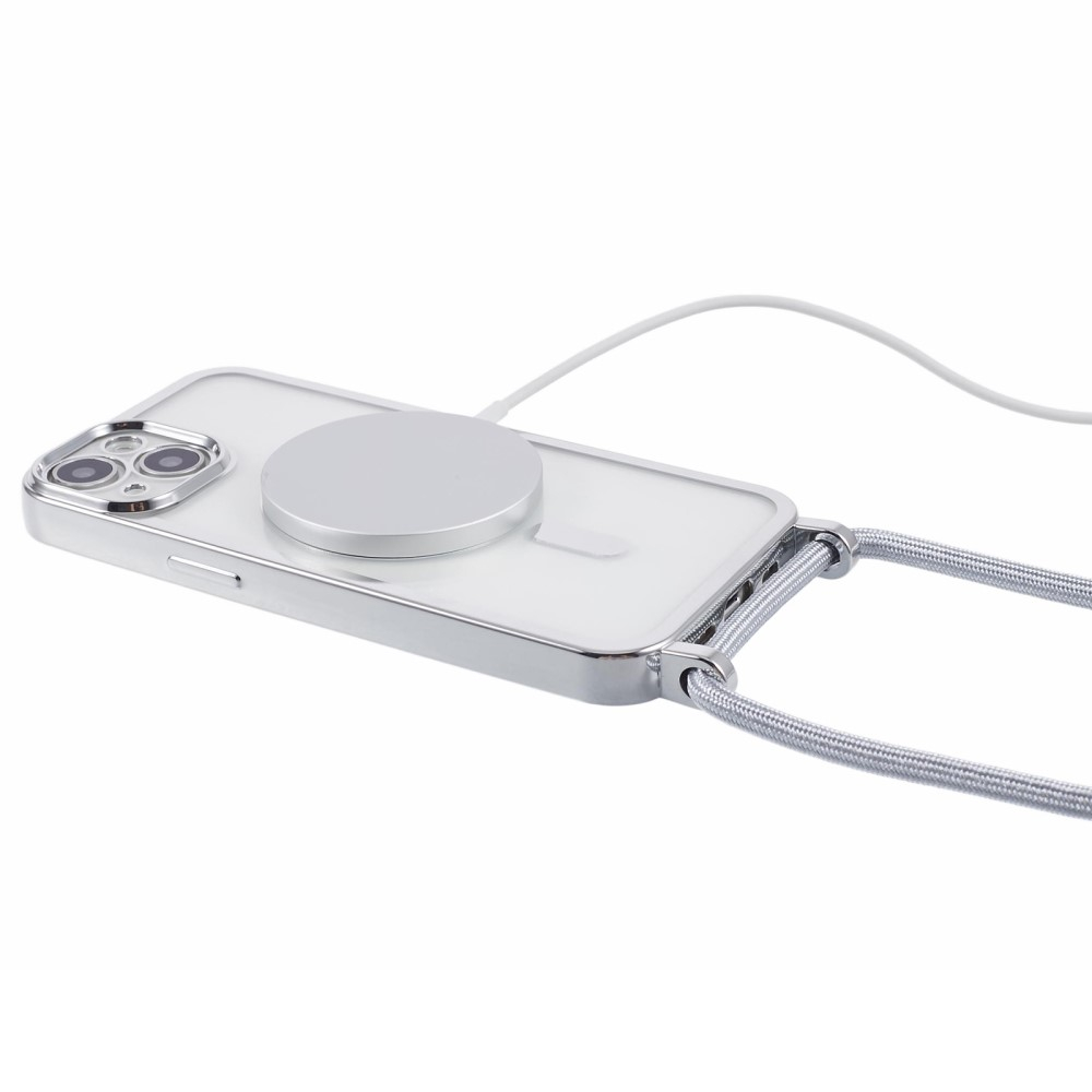 iPhone 15 MagSafe Necklace Gummi Case Hülle Galvanisierter Rahmen mit Handykette (160cm)   Kameraschutz - Silber / Transparent