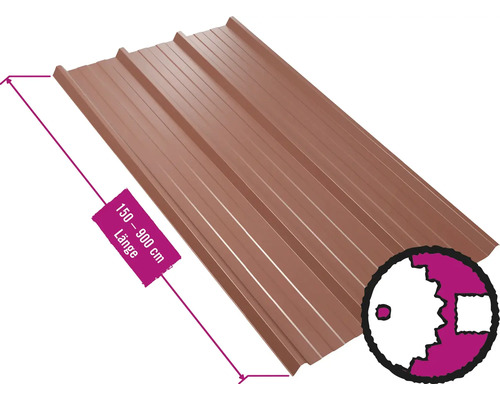 PRECIT trapeziumvormige dakbaan met anticondensvlies W45LV roodbruin RAL 8012, vaste breedte 1075 mm x dikte 0,5 mm (verkocht per meter van 150 tot max. 900 cm)