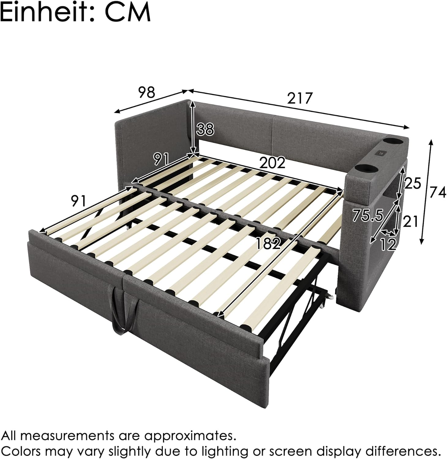 Merax Polsterbett Ausziehbares Schlafsofa 90/180x200 cm mit Lattenrosten, Daybett mit Ausziehbett, Armlehnen mit USB & Type-C Ladeanschluss und Getränkehalter, Leinen, Grau (ohne Matratze)