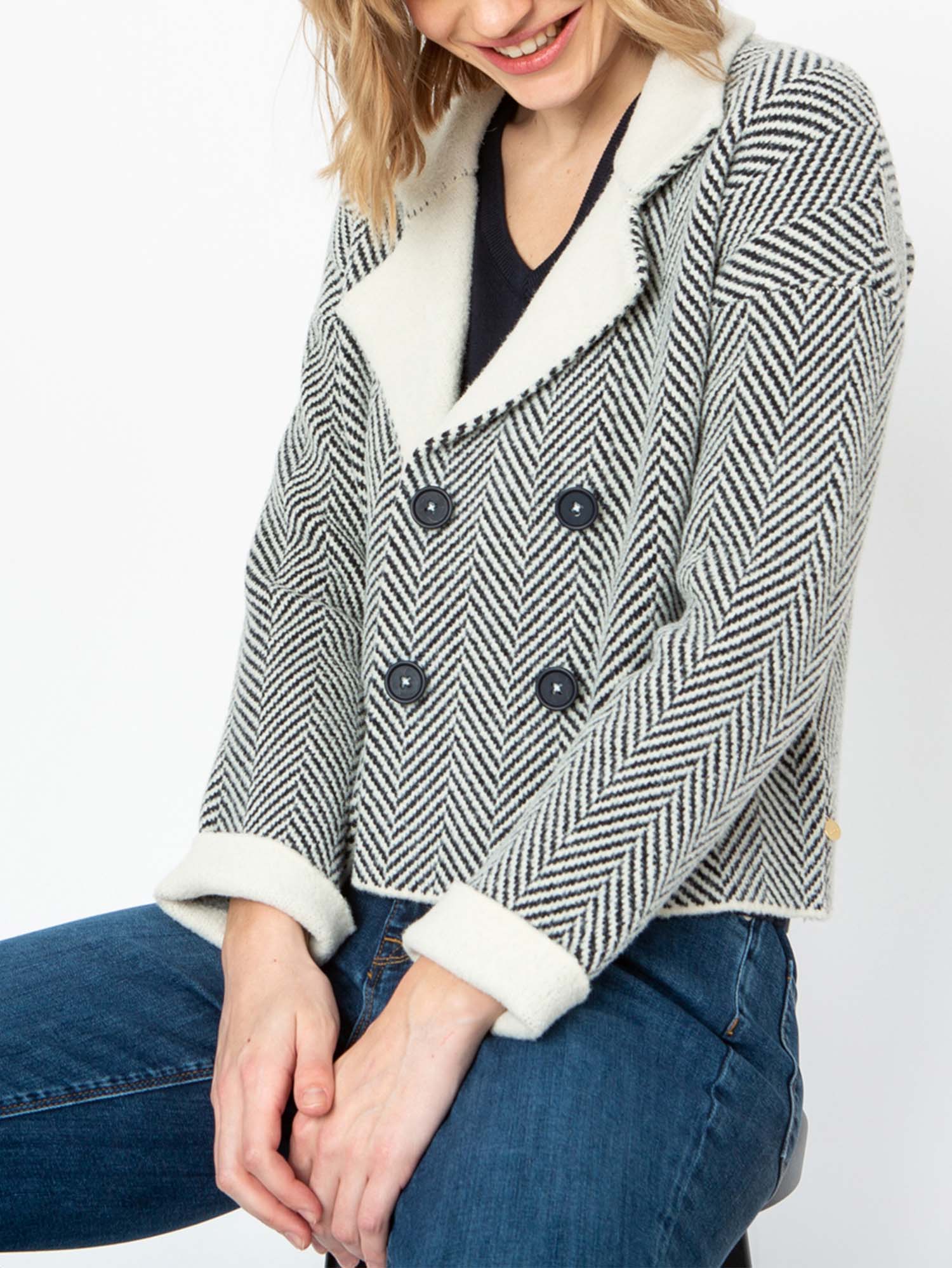 Gilet Femme Col Tailleur Doux Marine et Blanc