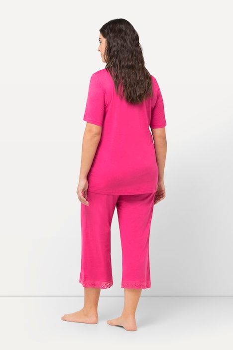 Pyjama, Lochstickerei, V-Ausschnitt, Halbarm, Modalmix