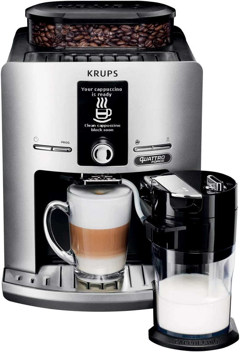 Krups Machine à café grain, 2 expressos simultanés, Ecran LCD, Cafetière espresso compacte, Nettoyage automatique, Buse vapeur pour Cappuccino, Essential noire YY8135FD, Noir