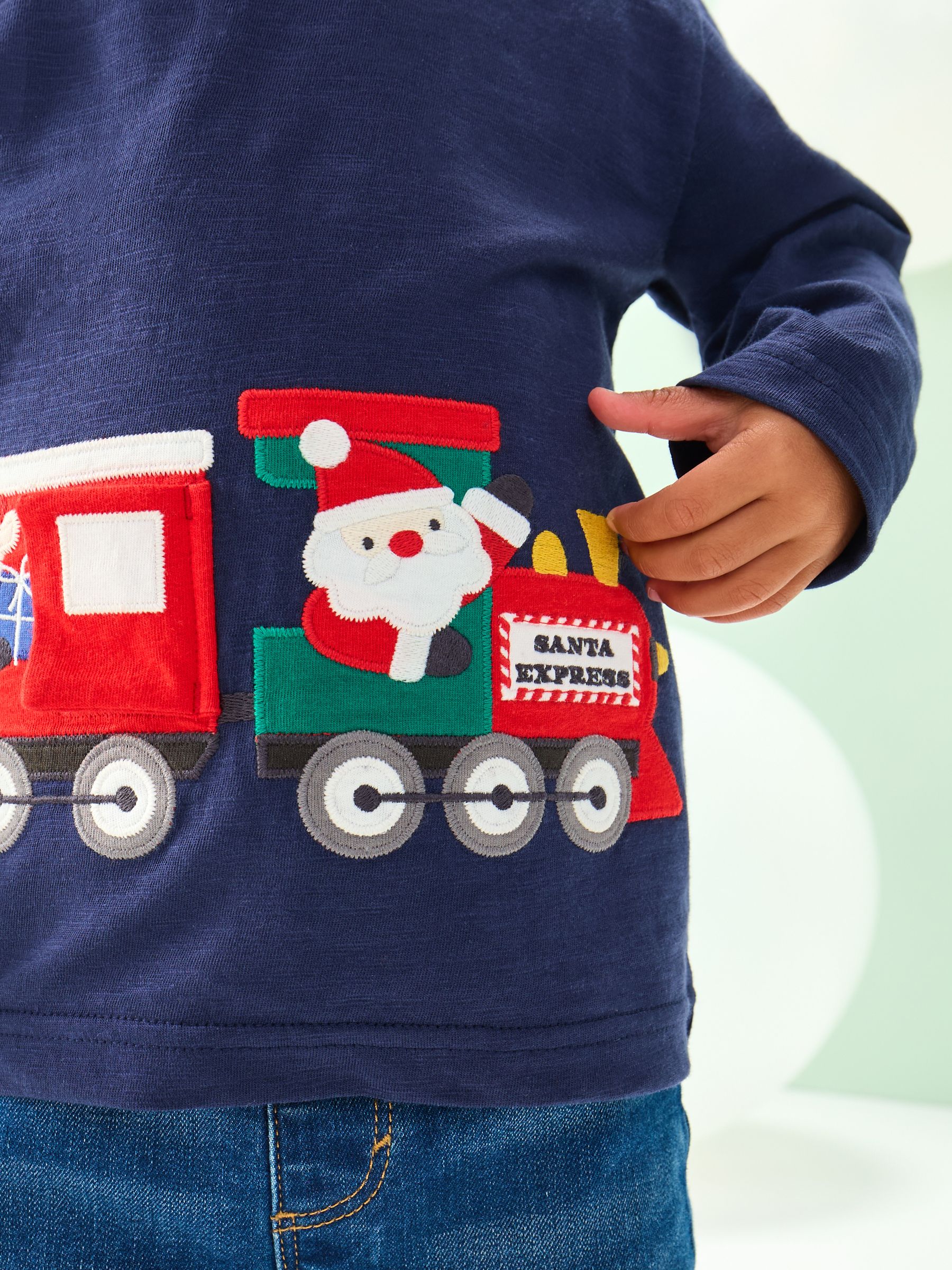 Marineblauwe Santa Trein-applicatie - Kerst-T-shirt met lange mouwen (3mnd -7jr)