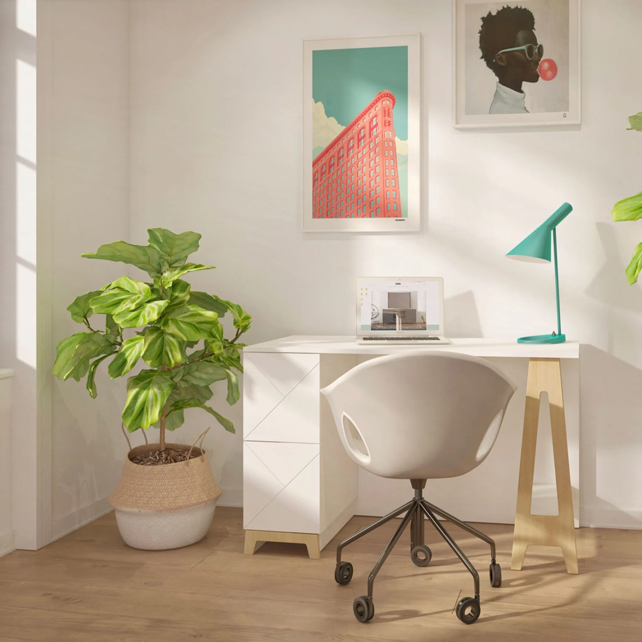 Nexera Bureau de Travail à 2 Tiroirs Atypik - Blanc  Merisier Naturel