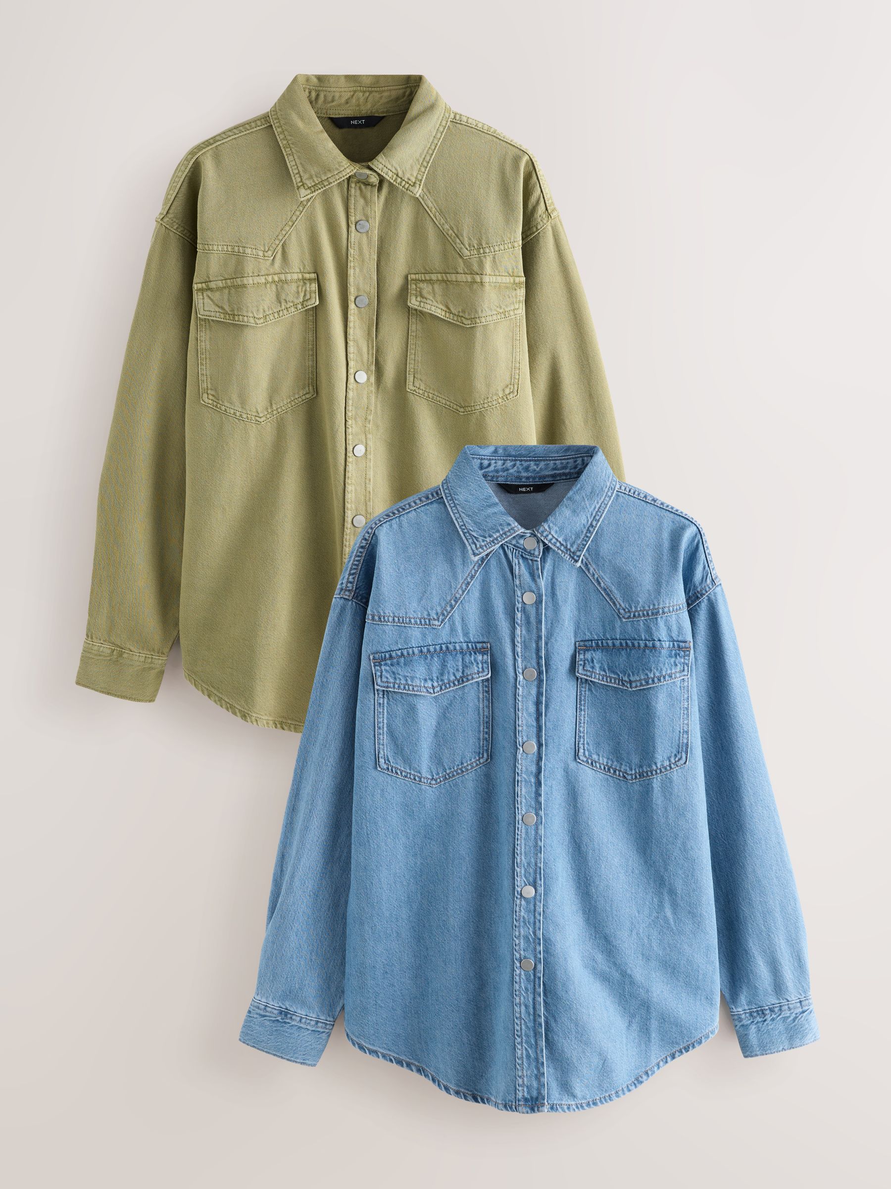 Mid Blue and Khaki Green - Oversized Denim Shirts 2 Pack